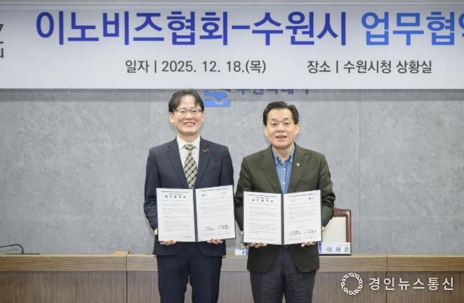 이재준 수원시장(오른쪽)과 이노비즈협회 정광천 회장이 협약 후 기념촬영을 하고 있다.